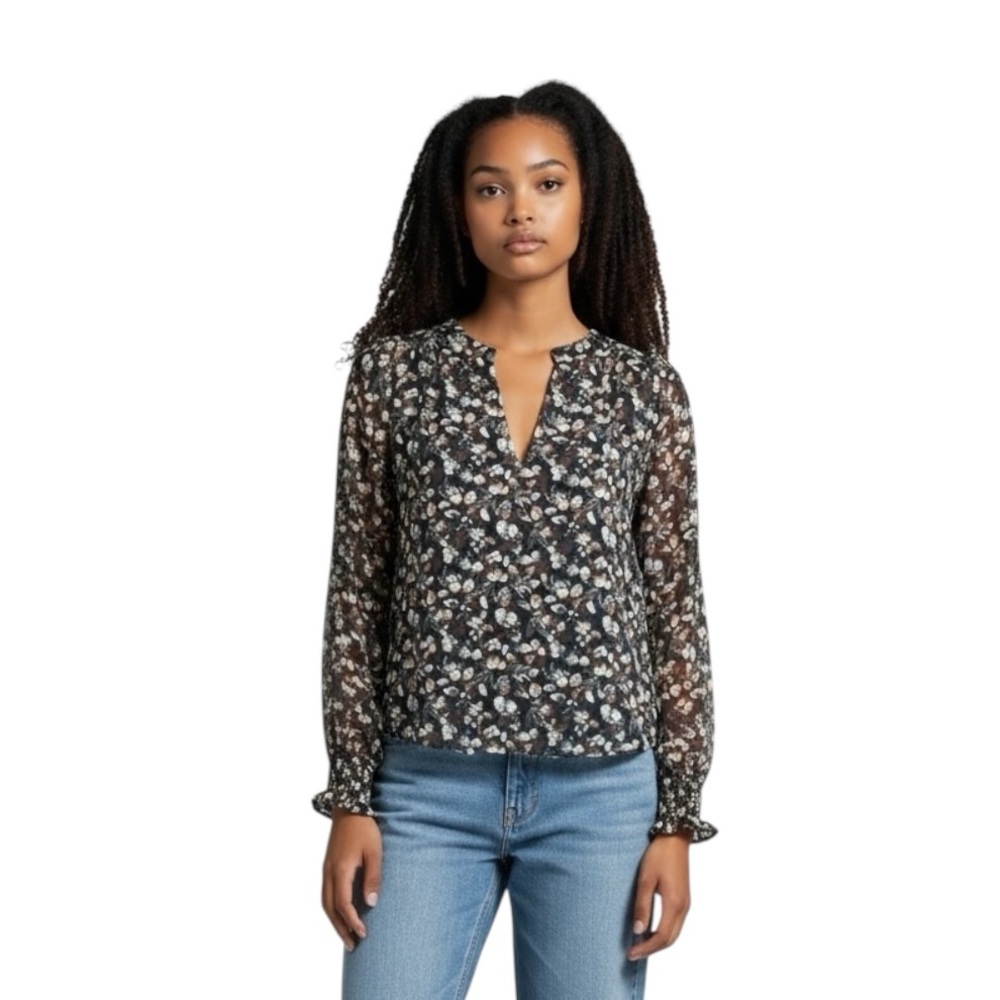 Evereve Floral Metallic Long Puff Sleeve Blouse
